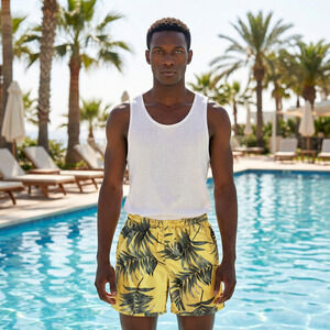 Puritan Men L Swim Trunks Yellow Tropical Leaf Print Lined Board Shorts 36/38